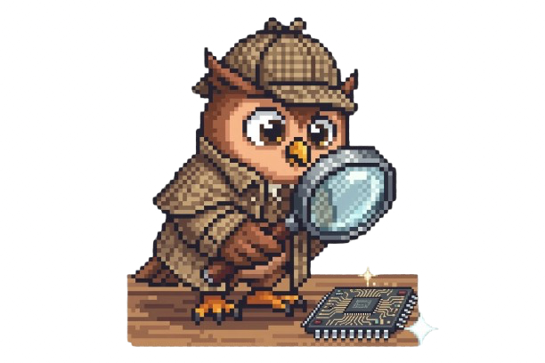 Obi in a detective’s coat, examining a circuit board with a magnifying glass.