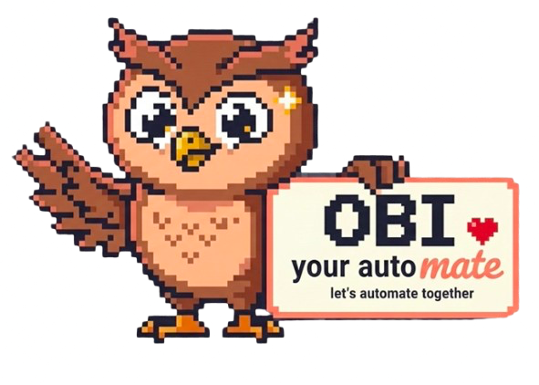 Obi, the Obiera owl mascot, holding a sign reading “Obi, your automate — let’s automate together”.
