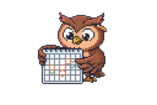 Obi holding up a calendar with appointments marked.