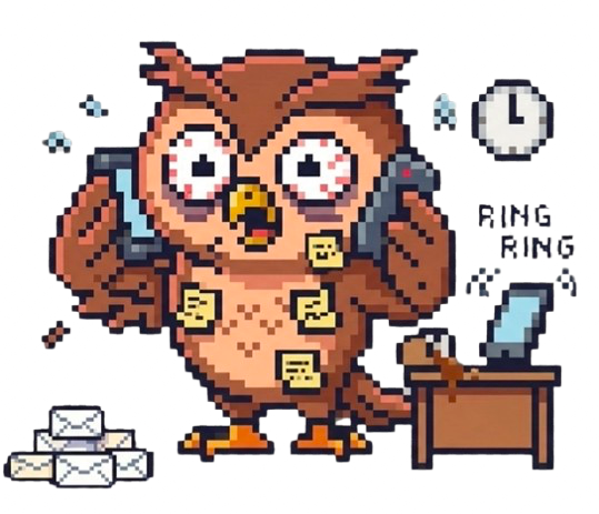 Obi juggling ringing phones and sticky-note reminders.