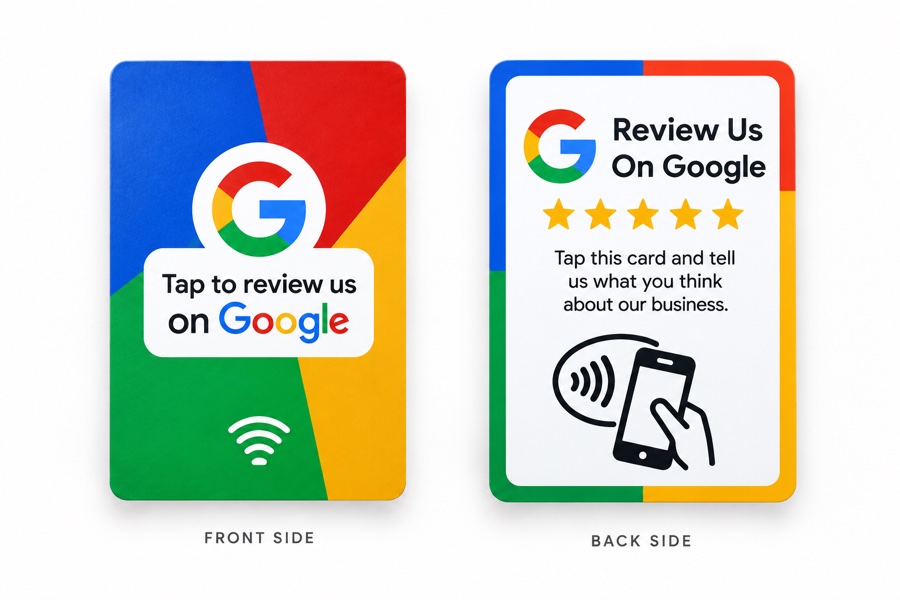 Front and back of the tap-and-scan Google review card, with five stars and a QR code.