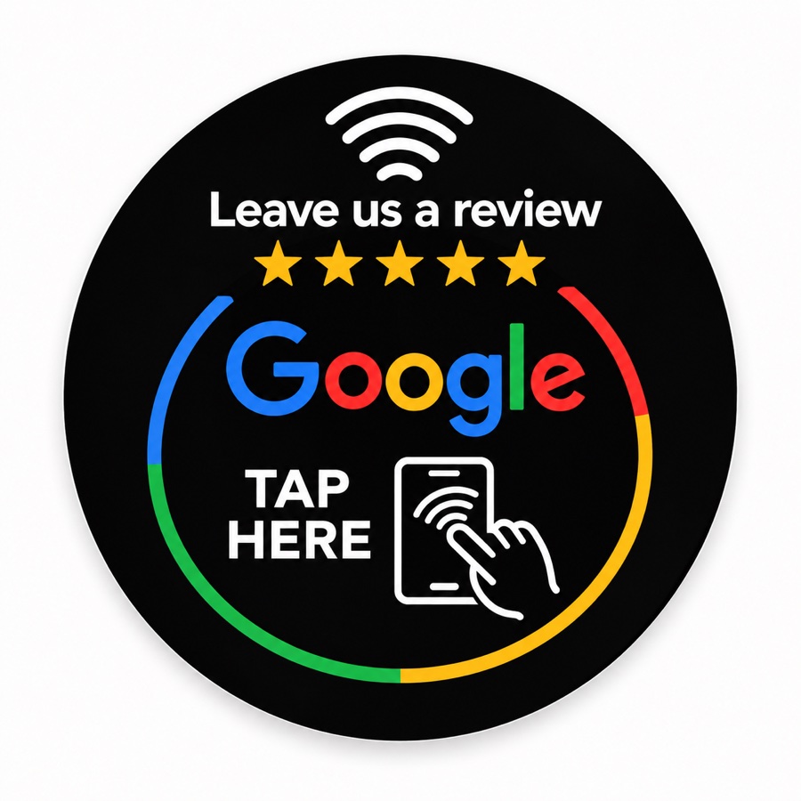 Black tap-to-review sticker with five stars and the Google logo.